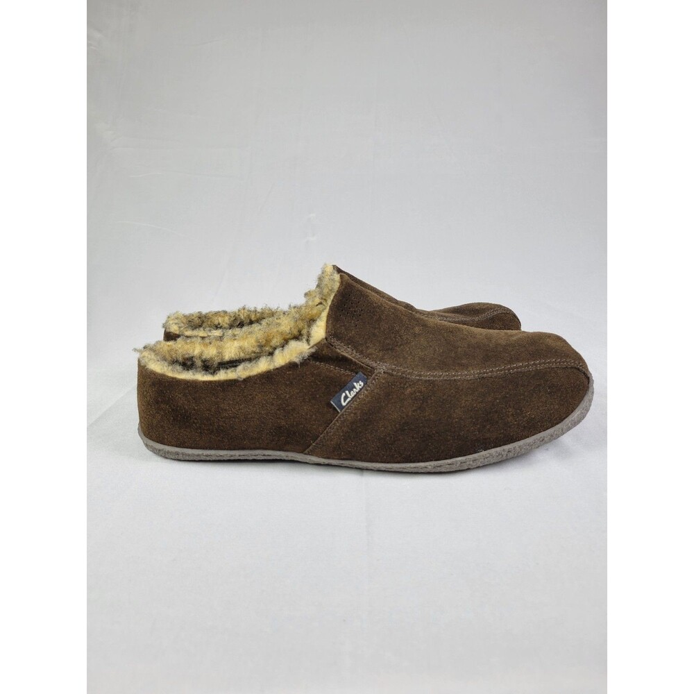 Clarks Brown Suede Sherpa Lined Slippers Mens 12M Slip On Clog House Shoes Cozy
